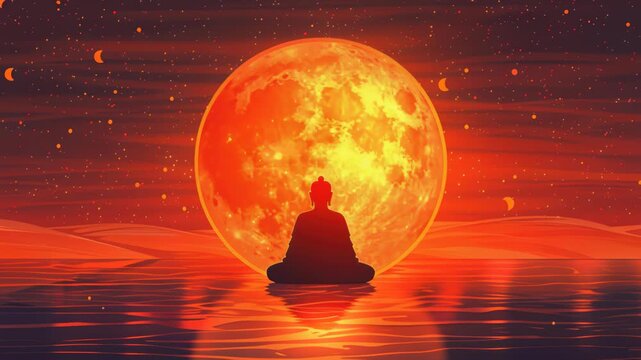 Meditation under Lunar Radiance: A tranquil figure finds inner peace as they meditate, framed by the celestial glow of a giant, fiery moon, evoking feelings of serenity and spiritual reflection.