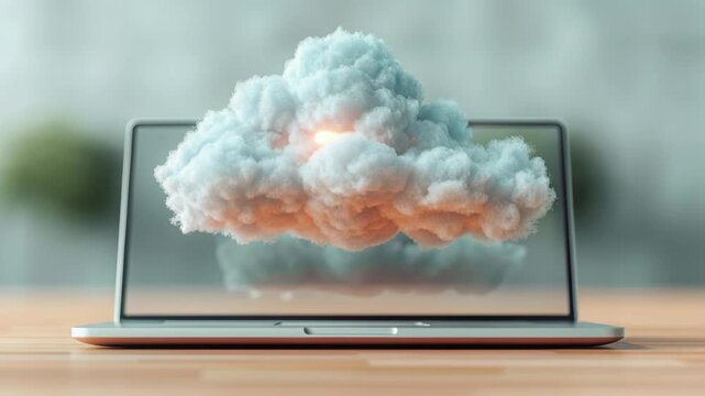 Cloud computing meets Technology: A conceptual image symbolizing cloud computing, where a fluffy cloud emerges from a laptop screen, emphasizing the integration of data and digital connection.