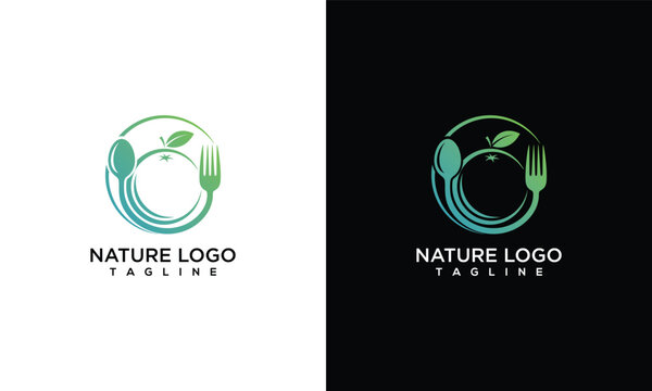 Nature Food Logo Design Healthy Organic Restaurant  Cafe Brand Symbol with Spoon Fork Leaf.