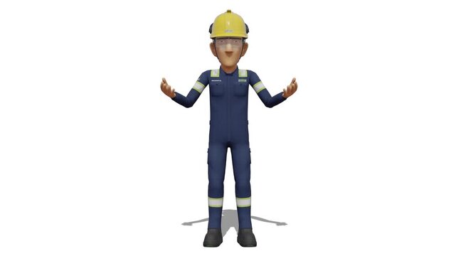 Industrial worker is presenting something on white background
