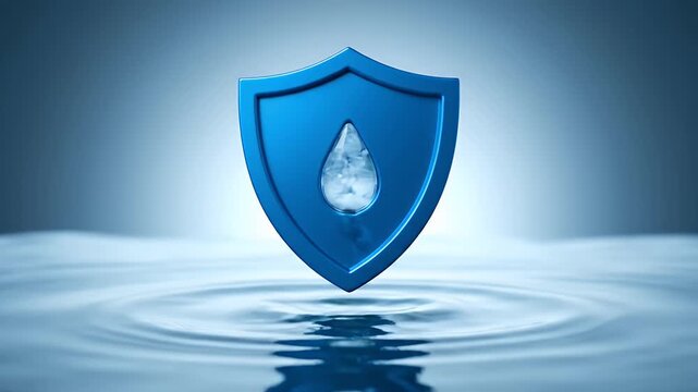 A blue shield with a water drop icon offers protection over rippling water.