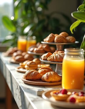 Freshly baked croissants and tarts served with orange juice on marble table. Delicious breakfast spread with pastries arranged on cake stands. Inviting brunch at hotel cafe setting.