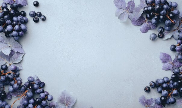 blueberries and black grapes with vine segments and leaves on light lavender gray background