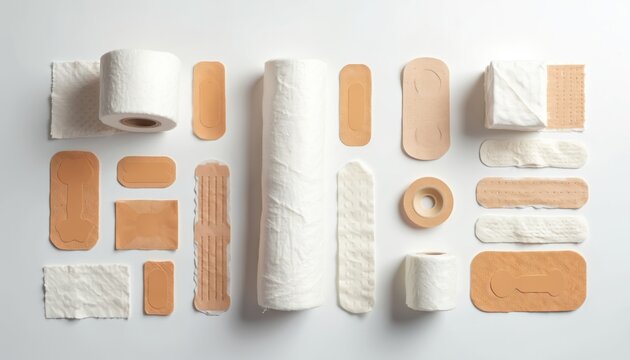 Assorted bandages and medical supplies laid out flat. Includes various adhesive strips, gauze rolls, and wound dressings for first aid and injury care. Useful for medical articles and health concepts.