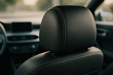 Detailed shot of a modern car's black leather interior, focusing on the headrest and elegant stitching, conveying luxury and comfort. Ideal for automotive marketing.