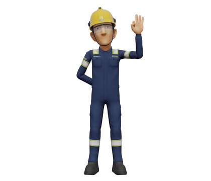 Isolate industrial worker raise 9 finger hand sign on transparent background.