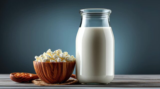 Glass jar of milk beside wooden bowl of popcorn and peanuts on wooden table against a dark blue background, showcasing a delightful snack arrangement