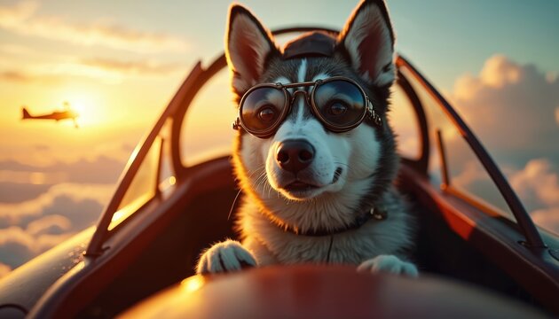 Siberian husky dog wears pilot hat and goggles, sits in airplane cockpit. Another plane flies in sky at sunset. Dog pilots aircraft, travels, has fun.