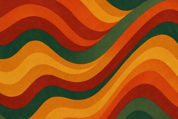 Obraz premium A vibrant abstract background featuring undulating stripes in warm autumnal colors: red, orange, yellow, and green. Evokes a vintage, groovy 70s aesthetic, perfect for creative design projects.