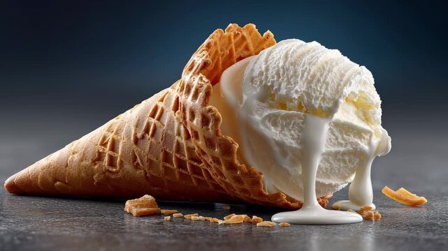 Ice cream cone with melting vanilla ice cream and drips on a dark surface, showcasing the gradual loss of ice cream from the cone in a visually appealing manner