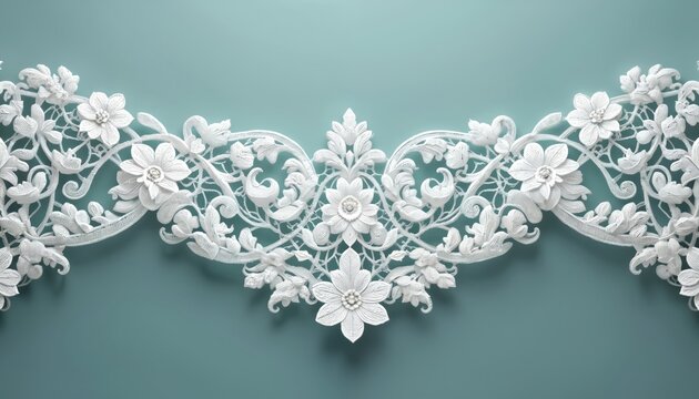 Intricate white lace trim with floral motifs forms delicate border. Intricate details showcase embroidered flowers and leaves creating rich textile pattern. This elegant design adds luxurious touch.