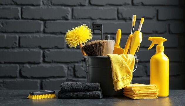 Collection of cleaning supplies in bucket near brick wall. Includes brushes, cloths, spray bottle. Bright yellow tools contrast dark setting. Organized for home auto upkeep. Effective tools for dirt