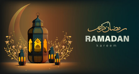 Ramadan Kareem Greeting Banner with Decorative Lanterns and Crescent Moon Vector Illustration