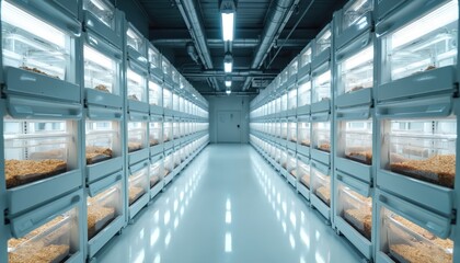 Obraz premium Rows of stacked insect containers under bright lights in controlled indoor farm. This facility uses automation for mass rearing larvae for future protein production. Sustainable food tech advancement.
