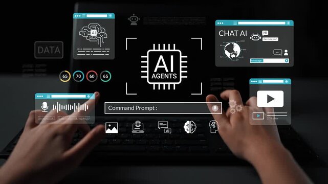 Hands Interacting with Digital Interface Representing Artificial Intelligence, Data Analysis, and Chatbots on Laptop Screen Gluon.