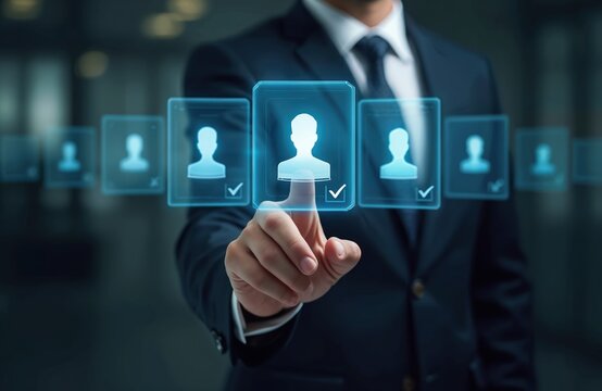 Man in suit selects profile from digital list. Employee choice interface shows candidates for job. Hiring process uses tech for talent acquisition. Business selects person for work.