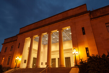 Illuminated Trenton War Memorial in Capitol complex, New Jersey, USA