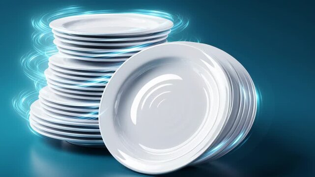 Stacked white plates in motion with glowing effects, showcasing the gradual removal of plates from the top of the stack against a blue background
