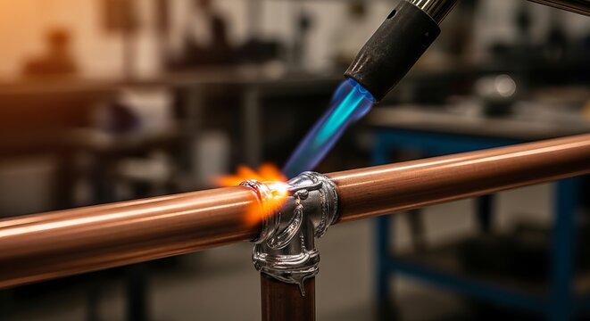 Professional plumber carefully soldering a copper pipe joint with an intense blue flame torch demonstrating precision metalworking technique in a dimly lit industrial setting for fluid transport syste