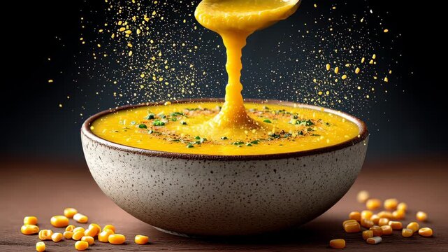 Golden corn soup being poured from a spoon into a bowl, showcasing a smooth texture and vibrant color with corn kernels scattered around the wooden surface