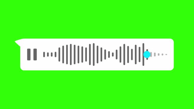 A minimalistic white chat bubble displays a digital sound wave and pause button, representing a voice recording. Voice message waveform ui on green screen