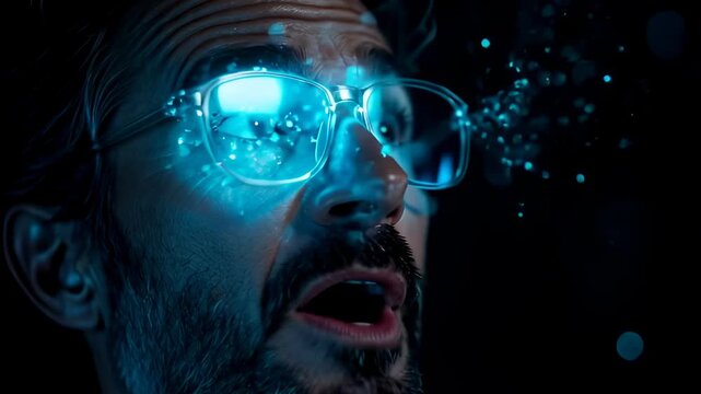 Futuristic Man in Glasses with Glowing Digital Data Particles, AI Concept Video of Middle Aged Male Scientist Analyzing Information, Cyber Style Augmented Reality in Dark
