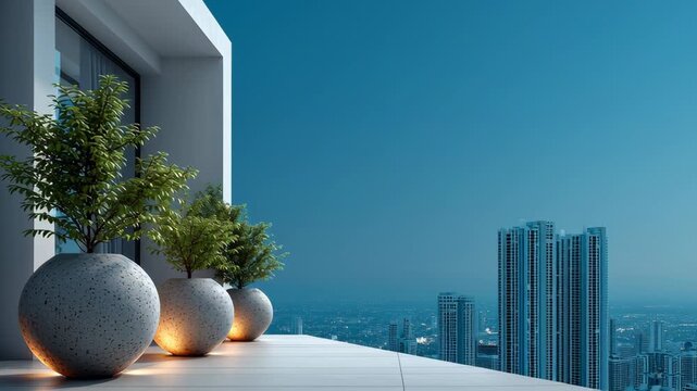 Modern balcony view with large round planters holding green plants overlooking a city skyline at dusk, showcasing urban architecture and serene atmosphere
