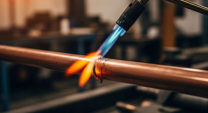A vivid close-up captures the intense heat and precise skill involved in the professional soldering of a copper pipe joint, where a bright blue flame from a gas torch meticulously melts solder to form