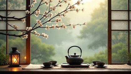 Naklejka premium Tea ceremony setup by window with blooming branches. A lit lantern, teapot, and cups rest on a mat overlooking misty garden green plants. Morning or dusk light filters through.