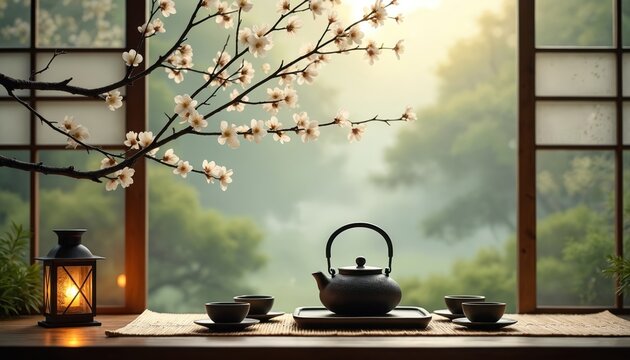 Tea ceremony setup by window with blooming branches. A lit lantern, teapot, and cups rest on a mat overlooking misty garden green plants. Morning or dusk light filters through.