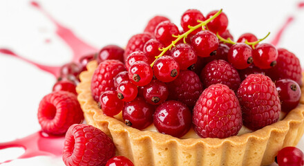 Close-up of fresh berry tart topped with raspberries and glossy red currants, detailed pastry crust and juicy fruit with droplets on white background, vibrant dessert photography.