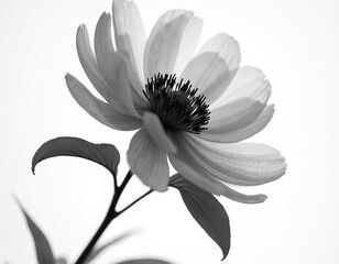 Obraz premium Grayscale x-ray-like peony flower. Elegant botanical art illustration. Delicate bloom with thin petals, dark stamen. Detailed plant structure against white background. Modern graphic design element.
