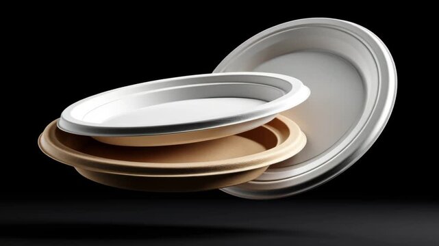 Three disposable plates in various colors and sizes are stacked and rotating against a black background, showcasing their design and material features in a dynamic arrangement