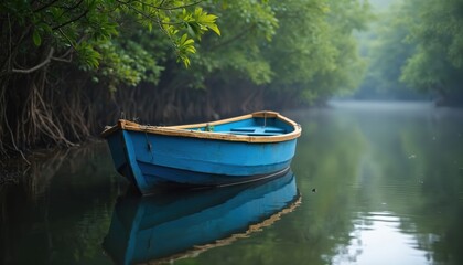 Lone blue wooden boat rests on tranquil, mist-covered mangrove water. Overhanging green trees, exposed roots line still riverbanks. Sunlight filters through rich forest canopy, creating peaceful,