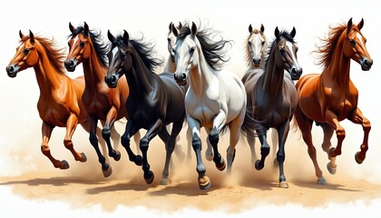 Obraz premium Herd of horses gallops across sandy ground creating dust clouds. Six horses in motion feature varied coat colors brown black white. Powerful animals run together.