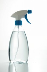 Clear plastic spray bottle with blue trigger filled with liquid. Object isolated on white background. Useful for cleaning and hygiene product ads.
