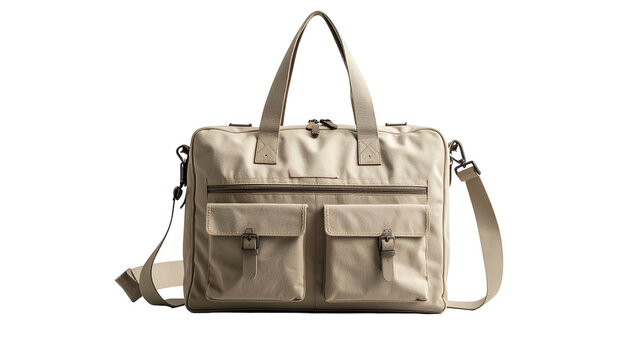 Beige business bag with handles, shoulder strap, and multiple pockets
