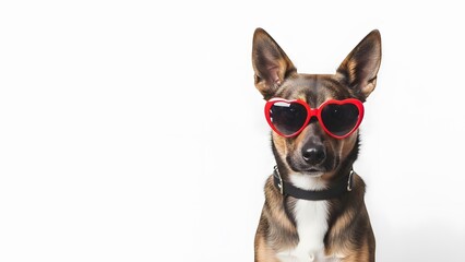 A dog wearing trendy red sunglasses on a white background