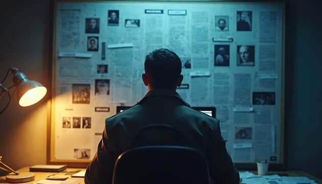 Man at desk reviews investigation board with photos and documents. Detective studies clues to solve crime. Researcher works late at night, analyzing case details on wall.