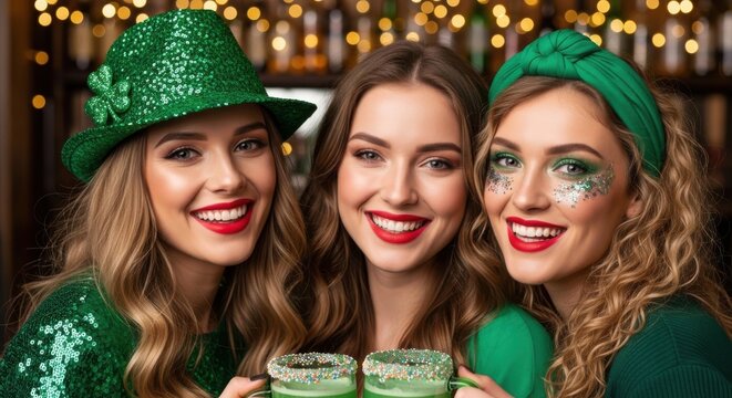 Three women celebrating st patricks day with drinks
