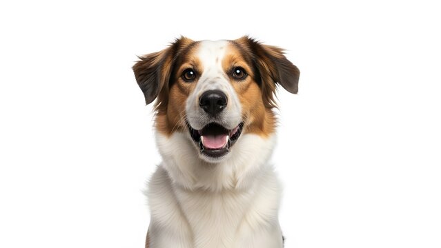 A happy dog with a white and brown coat