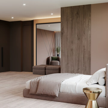 Hotel room in mocha mousse color trend. Cozy space with bed