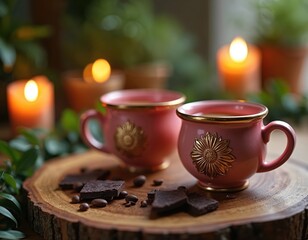 Fototapeta premium Pink ceremonial cocoa cups with golden design sit on wooden slice. Chocolate pieces and coffee beans surround cups. Glowing candles and green plants create cozy atmosphere for ritual drink.