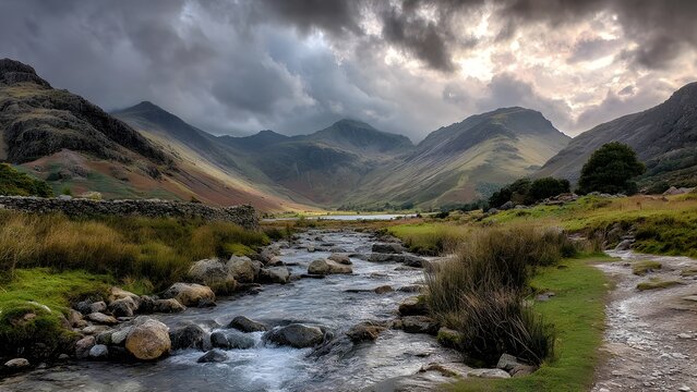Breathtaking, isolated, serene, unpopulated landscape showcasing Lake District &ndash; England&rsquo;s most famous mountains and lakes, home to Scafell Pike
