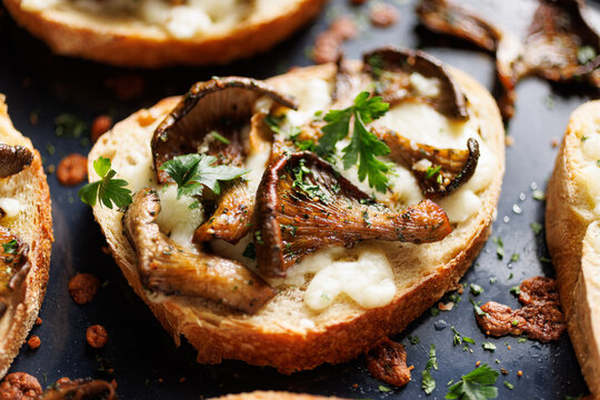 Oyster mushrooms open faced grilled sandwich with addition cheese and herbs, close up view