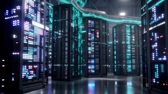 Modern data center with advanced server technology and glowing blue lights
