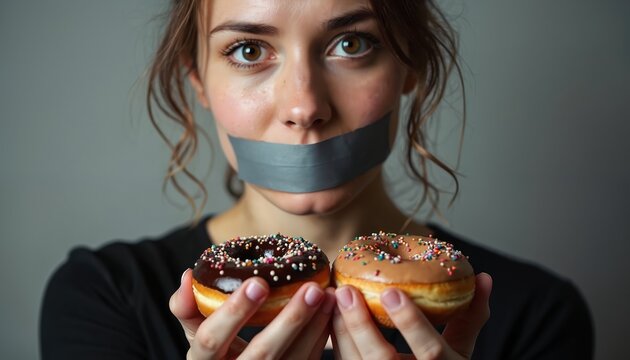 Woman with taped mouth holds two doughnuts. She looks at camera with wide eyes, showing desire and restriction. Emotional portrait about food control.