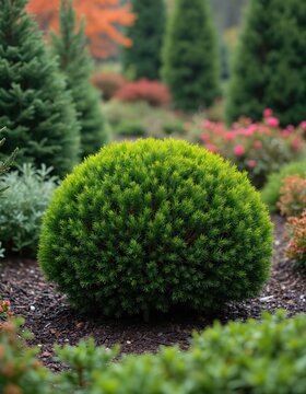 Round green Japanese Holly bush stands in manicured garden. Other conifers and colorful flowers surround it. Nature landscape in park on sunny day. Rich foliage.