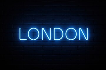 Fototapeta premium London neon sign with blue glowing light on a brick wall