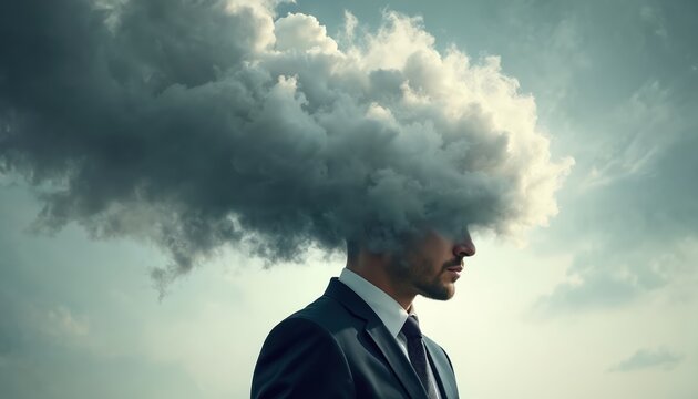 Man in suit head replaced with storm cloud. Businessman overwhelmed by stress pressure workload. Overthinking causes mental health issues. Corporate life fatigue confusion chaos difficult thoughts.